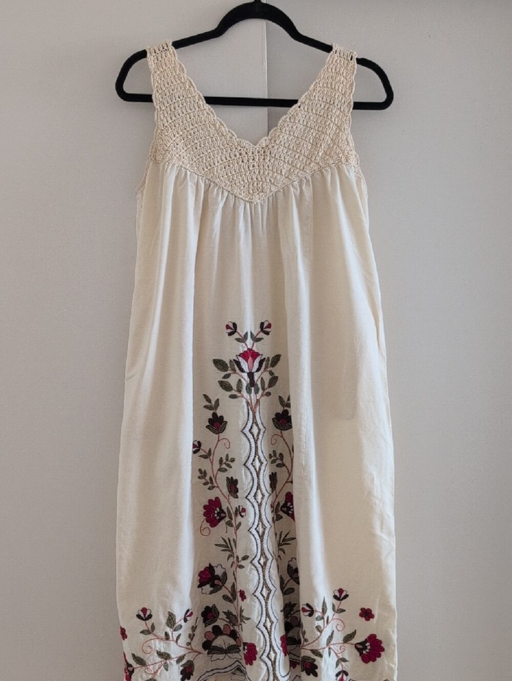 Zara Cream Midi Dress with Red & Green Floral Embroidery